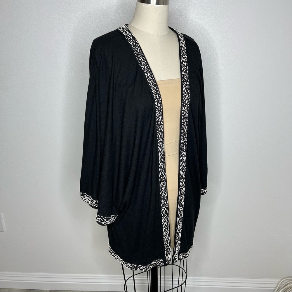 Anthropology Leifnotes Open Front Cardigan Large Black w/ Beads Cover Up Sweater